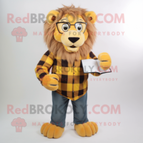 Gold Tamer Lion mascot costume character dressed with a Flannel Shirt and Reading glasses
