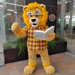 Gold Tamer Lion mascot costume character dressed with a Flannel Shirt and Reading glasses