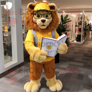 Gold Tamer Lion mascot costume character dressed with a Flannel Shirt and Reading glasses