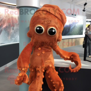 Rust Octopus mascot costume character dressed with a Blouse and Earrings