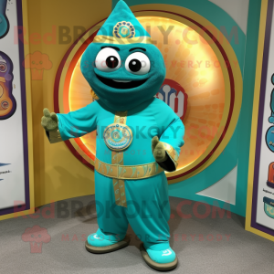 Turquoise Biryani mascot costume character dressed with a Sweatshirt and Rings