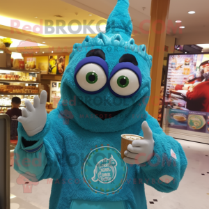 Turquoise Biryani mascot costume character dressed with a Sweatshirt and Rings