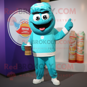 Turquoise Biryani mascot costume character dressed with a Sweatshirt and Rings