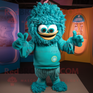 Turquoise Biryani mascot costume character dressed with a Sweatshirt and Rings