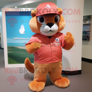 Peach Jaguarundi mascot costume character dressed with a Bermuda Shorts and Hat pins