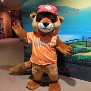 Peach Jaguarundi mascot costume character dressed with a Bermuda Shorts and Hat pins