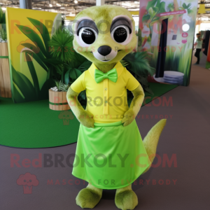 Lime Green Meerkat mascot costume character dressed with a Sheath Dress and Bow ties