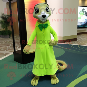 Lime Green Meerkat mascot costume character dressed with a Sheath Dress and Bow ties