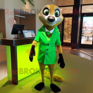 Lime Green Meerkat mascot costume character dressed with a Sheath Dress and Bow ties
