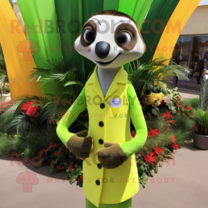 Lime Green Meerkat mascot costume character dressed with a Sheath Dress and Bow ties