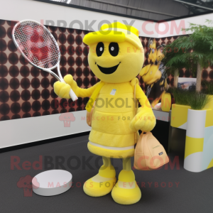 Yellow Tennis Racket mascot costume character dressed with a Jumpsuit and Clutch bags