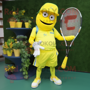 Yellow Tennis Racket mascot costume character dressed with a Jumpsuit and Clutch bags