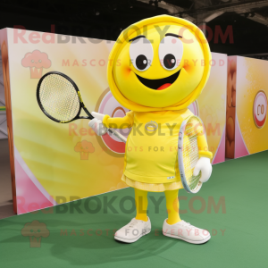 Yellow Tennis Racket mascot costume character dressed with a Jumpsuit and Clutch bags