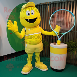 Yellow Tennis Racket mascot costume character dressed with a Jumpsuit and Clutch bags