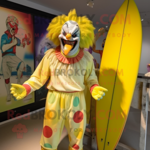 Lemon Yellow Evil Clown mascot costume character dressed with a Board Shorts and Suspenders