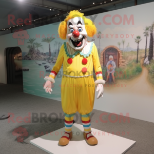 Lemon Yellow Evil Clown mascot costume character dressed with a Board Shorts and Suspenders