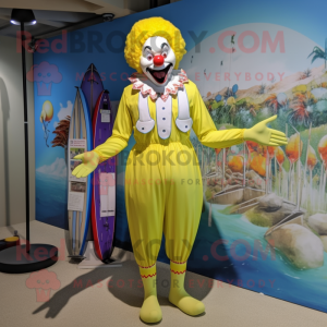 Lemon Yellow Evil Clown mascot costume character dressed with a Board Shorts and Suspenders
