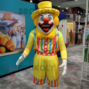 Lemon Yellow Evil Clown mascot costume character dressed with a Board Shorts and Suspenders