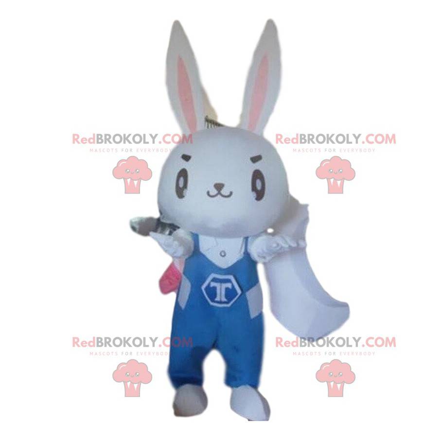 Mascotte di coniglio bianco con una combinazione blu -