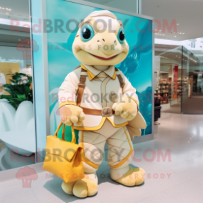 Cream Sea Turtle mascot costume character dressed with a Jumpsuit and Handbags