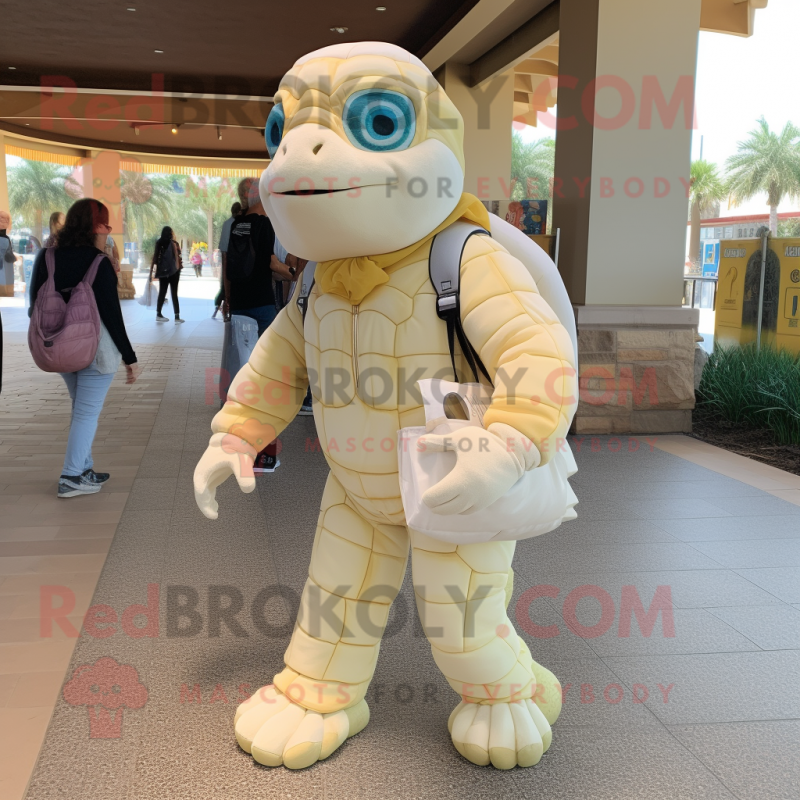 Cream Sea Turtle mascot costume character dressed with a Jumpsuit and Handbags Cream Sea Turtle mascot costume character dressed with a Jumpsuit and Handbags