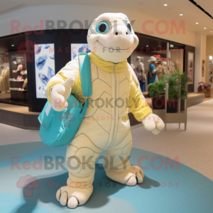 Cream Sea Turtle mascot costume character dressed with a Jumpsuit and Handbags