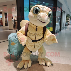 Cream Sea Turtle mascot costume character dressed with a Jumpsuit and Handbags