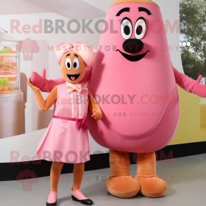 Pink Currywurst mascot costume character dressed with a Shift Dress and Bow ties