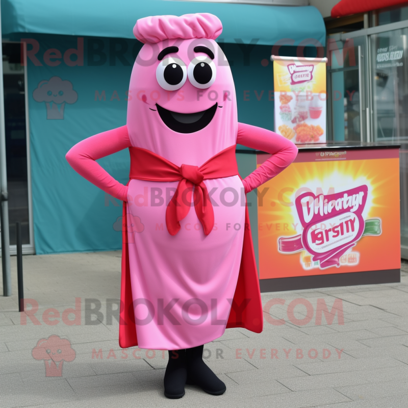 Pink Currywurst mascot costume character dressed with a Shift Dress and Bow ties Pink Currywurst mascot costume character dressed with a Shift Dress and Bow ties