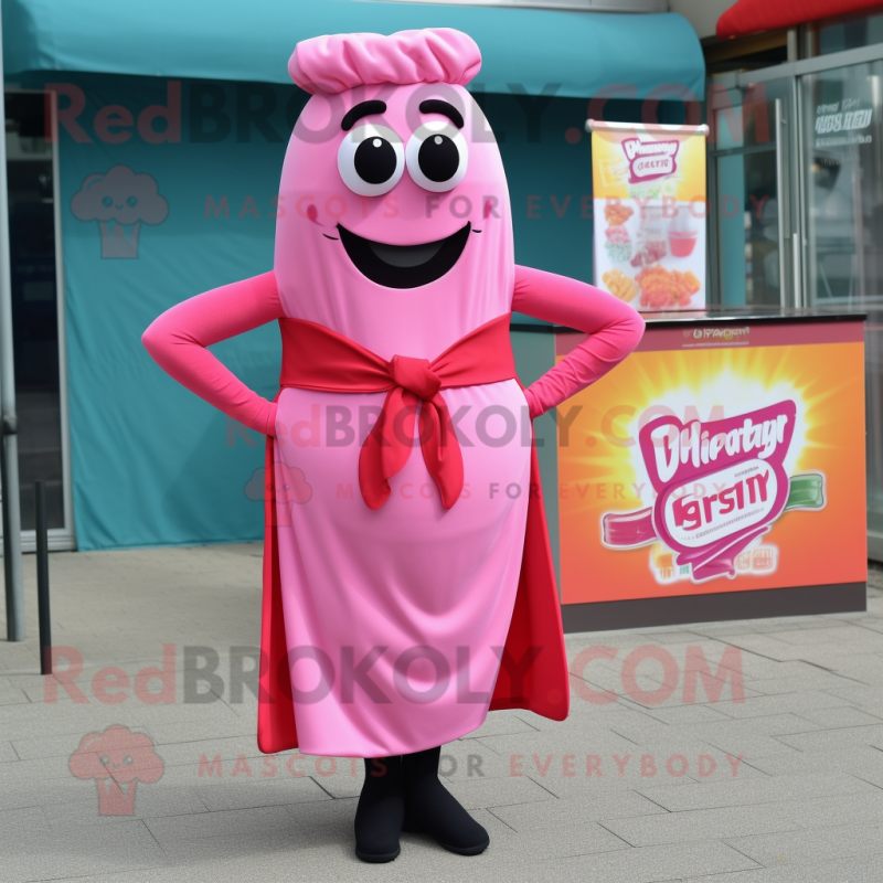 Pink Currywurst mascot costume character dressed with a Shift Dress and Bow ties