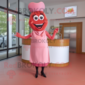 Pink Currywurst mascot costume character dressed with a Shift Dress and Bow ties