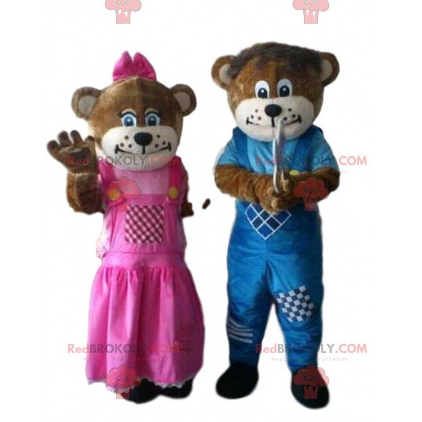 2 brune bjørnemaskotter, en mand og en kvinde - Redbrokoly.com 2 brune bjørnemaskotter, en mand og en kvinde - Redbrokoly.com
