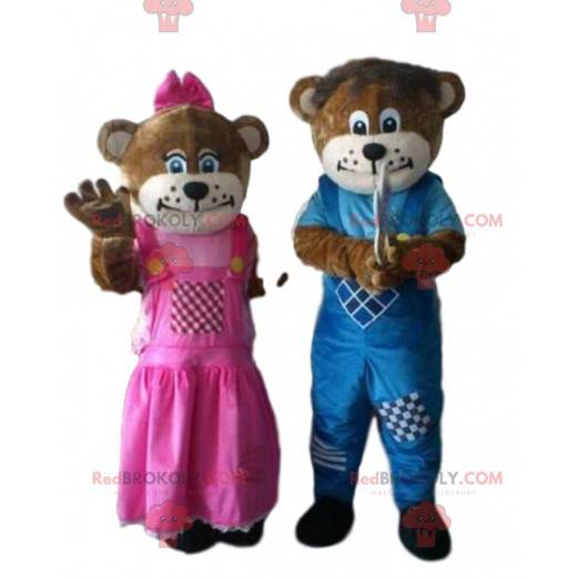 2 mascotte di orso bruno, un maschio e una femmina -