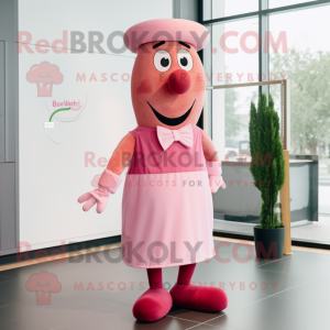 Pink Currywurst mascot costume character dressed with a Shift Dress and Bow ties