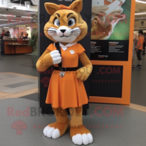 Orange Bobcat mascot costume character dressed with a A-Line Skirt and Bracelet watches