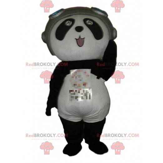 Mascote panda em traje de aviador, fantasia de urso -