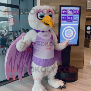 Lavender Eagle mascot costume character dressed with a One-Piece Swimsuit and Digital watches