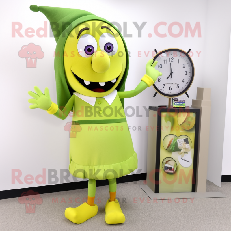 Olive Momentum mascot costume character dressed with a Pencil Skirt and Digital watches