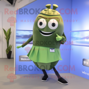 Olive Momentum mascot costume character dressed with a Pencil Skirt and Digital watches