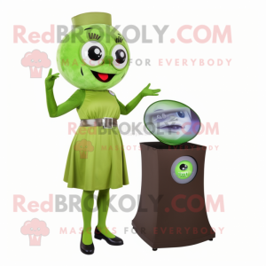 Olive Momentum mascot costume character dressed with a Pencil Skirt and Digital watches