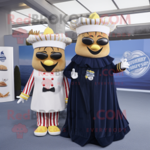 Navy French Fries mascot costume character dressed with a Ball Gown and Berets