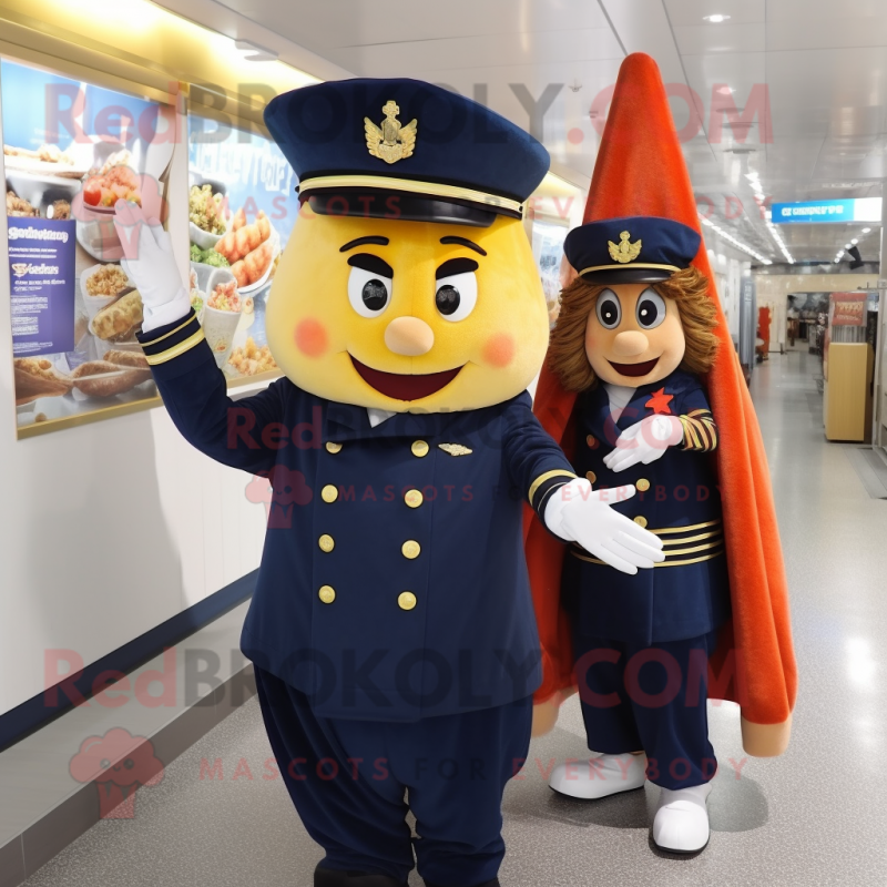 Navy French Fries mascot costume character dressed with a Ball Gown and Berets Navy French Fries mascot costume character dressed with a Ball Gown and Berets