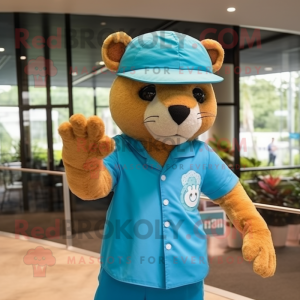 Turquoise Jaguarundi mascot costume character dressed with a Dress Shirt and Berets