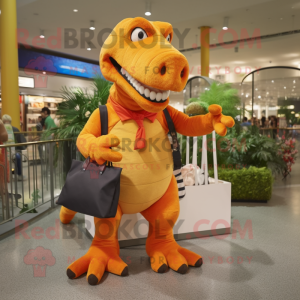 Orange T Rex mascot costume character dressed with a Trousers and Tote bags