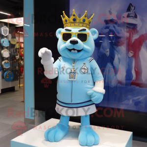 Sky Blue King mascot costume character dressed with a T-Shirt and Bracelet watches