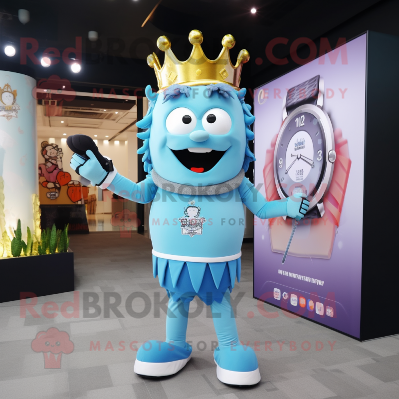 Sky Blue King mascot costume character dressed with a T-Shirt and Bracelet watches