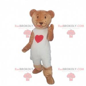 Mascote do ursinho de pelúcia com coração e fantasia romântica