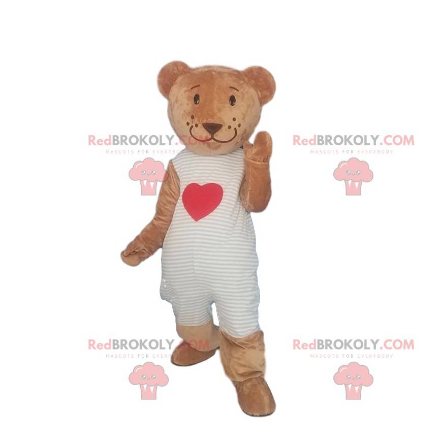 Mascota del oso de peluche con un corazón, traje romántico -