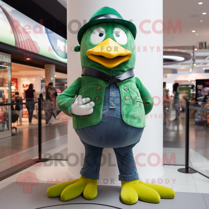 Green Penguin mascot costume character dressed with a Bootcut Jeans and Watches