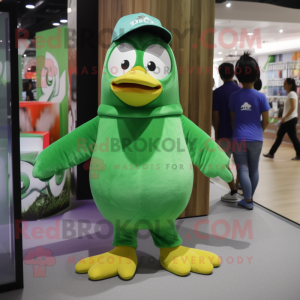 Green Penguin mascot costume character dressed with a Bootcut Jeans and Watches